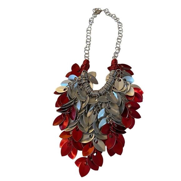 Artisan Designed & Created One of a Kind Red & Silver Bib Statement Necklace - Picture 5 of 5